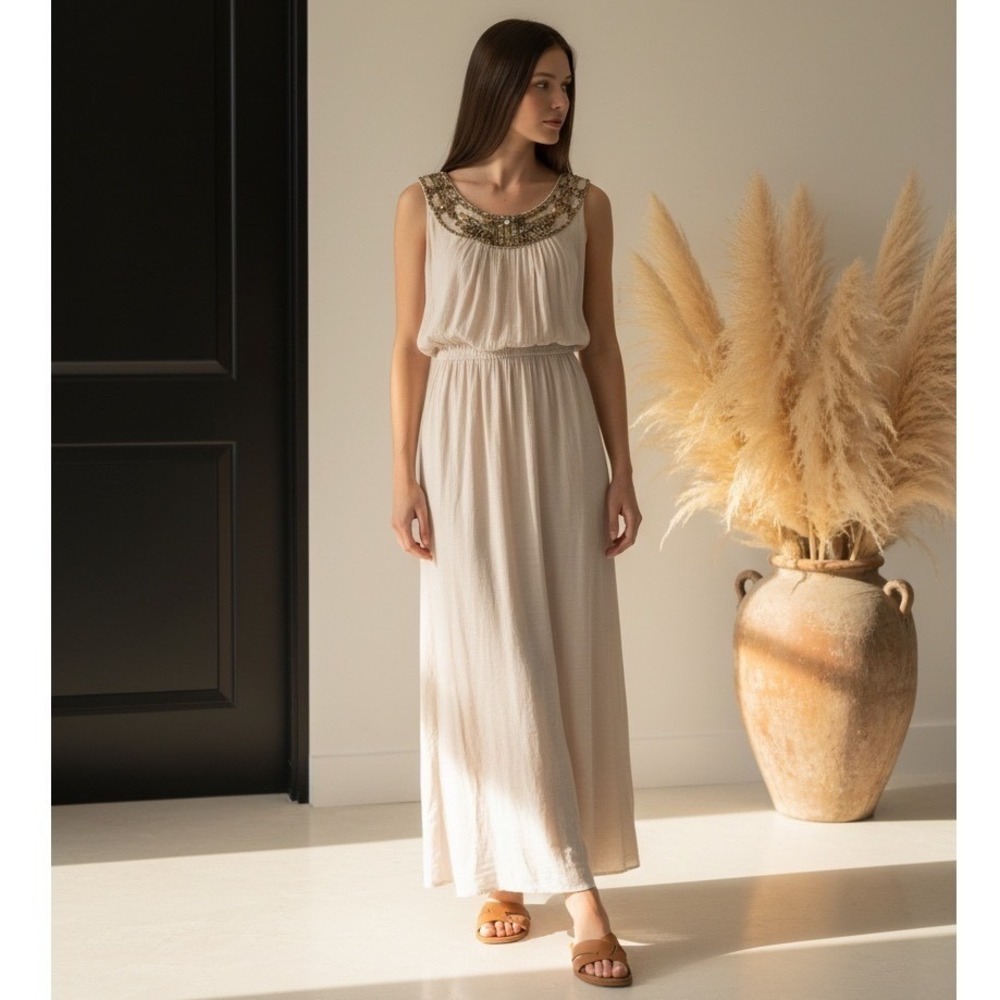 Womens L-XL Taupe Beaded Sequin Neckline Sleeveless Maxi Dress Cowl Back - Picture 1 of 10